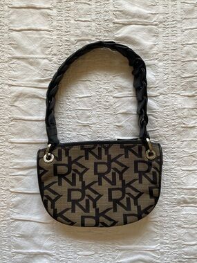 Vintage DKNY Black and Tan Monogram Braided-Handle Shoulder Bag